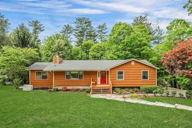 14 Howe St, South Salem, NY 10590 - ranch-style house featuring a front lawn, a chimney, and roof with shingles