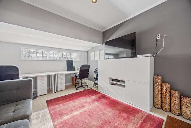 8702 Chevy Chase St, Jamaica Estates, NY 11432 - home office featuring ornamental molding, vaulted ceiling, and light tile patterned flooring