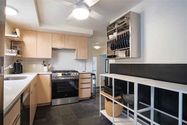 96 Grove St, Beacon, NY 12508 - kitchen with stainless steel range with gas stovetop, open shelves, light brown cabinetry, light countertops, and ceiling fan