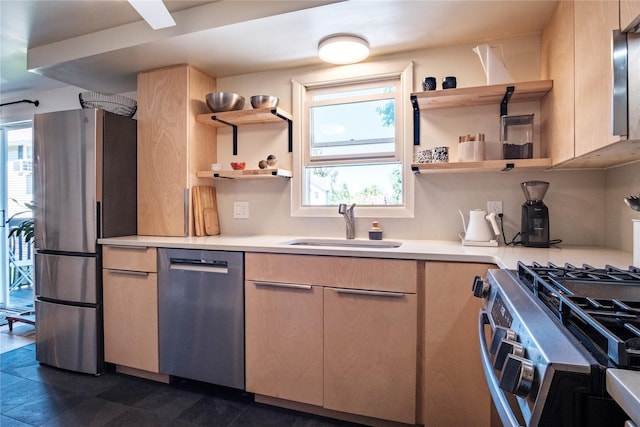 96 Grove St, Beacon, NY 12508 - kitchen featuring stainless steel appliances, open shelves, light countertops, and plenty of natural light
