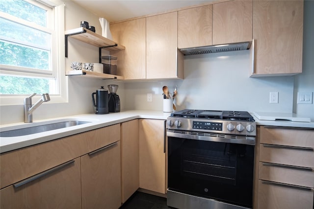 96 Grove St, Beacon, NY 12508 - kitchen with stainless steel gas range, open shelves, light brown cabinetry, light countertops, and extractor fan