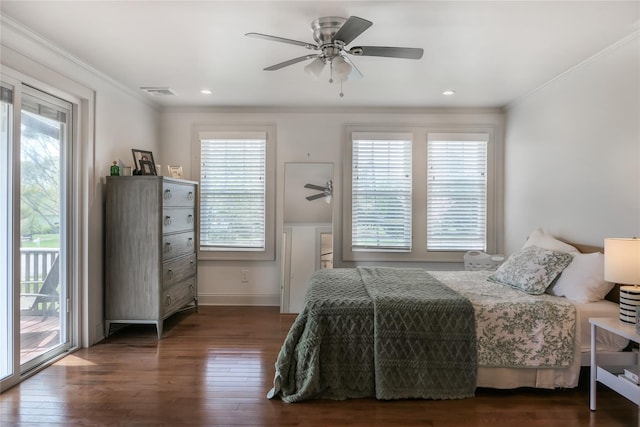7 N Howells Point Rd, Bellport Village, NY 11713 - bedroom with access to outside, crown molding, wood finished floors, baseboards, and ceiling fan