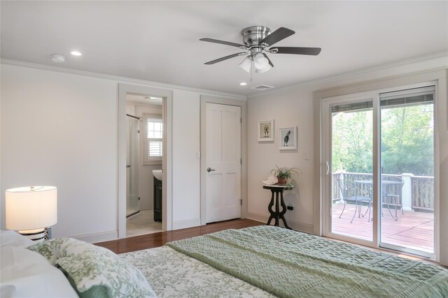 7 N Howells Point Rd, Bellport Village, NY 11713 - bedroom featuring access to outside, crown molding, wood finished floors, ensuite bathroom, and baseboards