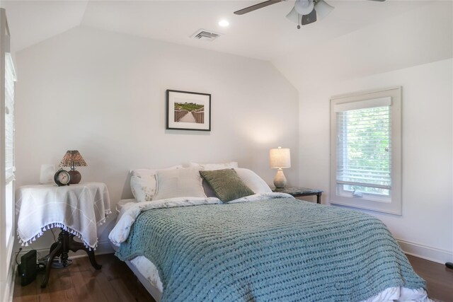 7 N Howells Point Rd, Bellport Village, NY 11713 - bedroom with lofted ceiling, dark wood-type flooring, a ceiling fan, and baseboards