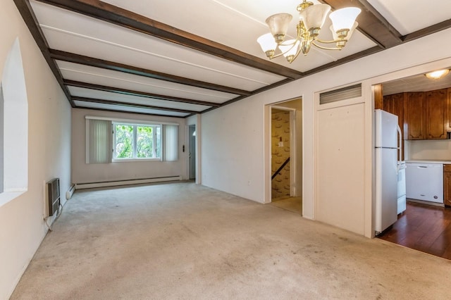 769 Anderson Ave, Franklin Square, NY 11010 - unfurnished living room featuring a baseboard heating unit, carpet flooring, a chandelier, and beamed ceiling