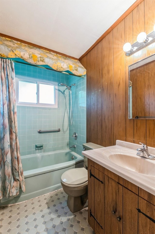 769 Anderson Ave, Franklin Square, NY 11010 - full bathroom featuring shower / bathtub combination with curtain, toilet, tile patterned floors, vanity, and wood walls