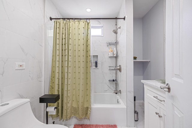 73 S Evergreen Dr, Selden, NY 11784 - full bath with vanity, toilet, tile walls, and shower / bathtub combination with curtain