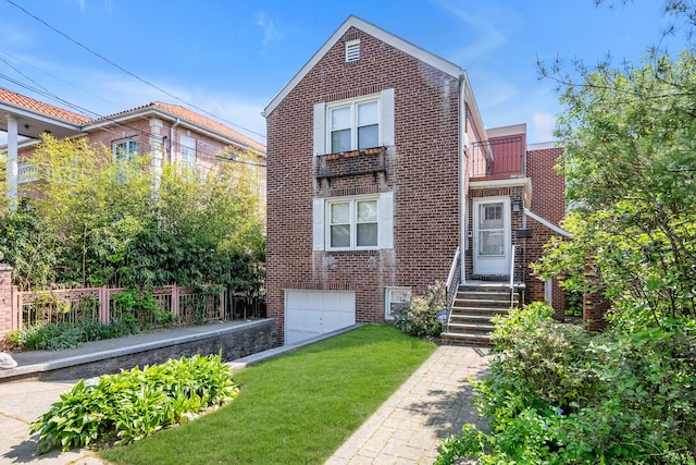 2330 Kingsland Ave, Bronx, NY 10469 - view of front of property with brick siding, an attached garage, and a front lawn