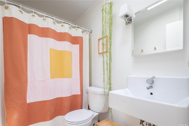full bathroom featuring toilet, ornamental molding, curtained shower, and a sink