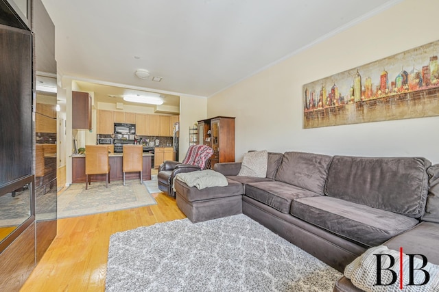 living room with ornamental molding and light wood-style flooring