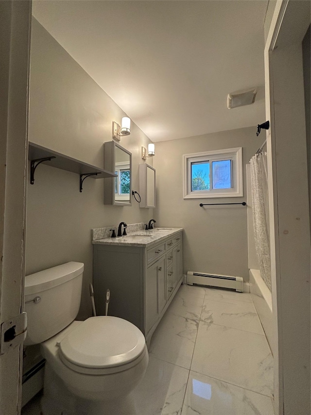 full bathroom featuring a baseboard radiator, marble look tile flooring, toilet, curtained shower, and double vanity