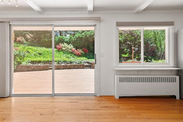 202 W Main St, Mount Kisco, NY 10549 - doorway to outside with radiator, beam ceiling, healthy amount of natural light, and wood-type flooring