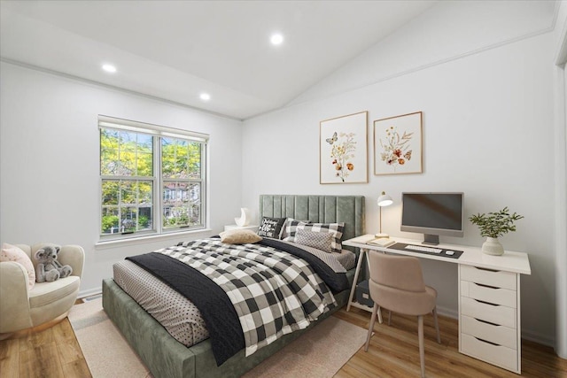 1601 Pondcrest Ln, White Plains, NY 10607 - bedroom with wood finished floors, recessed lighting, vaulted ceiling, an office area, and baseboards