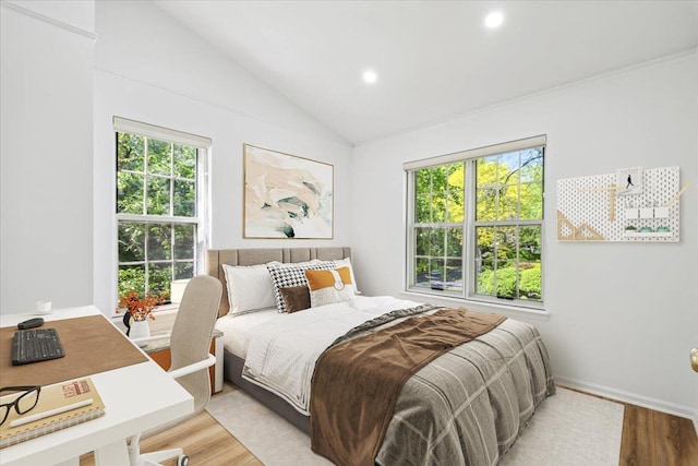 1601 Pondcrest Ln, White Plains, NY 10607 - bedroom featuring wood finished floors, vaulted ceiling, recessed lighting, and baseboards