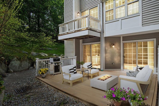 1601 Pondcrest Ln, White Plains, NY 10607 - wooden terrace featuring an outdoor living space with a fire pit and a grill
