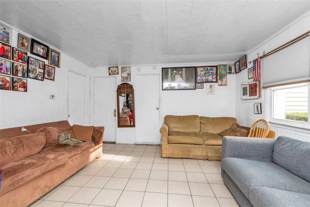 living room with light tile patterned flooring