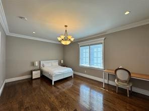 2 Enclave Ct, Dix Hills, NY 11746 - bedroom featuring crown molding, baseboards, wood finished floors, and a chandelier