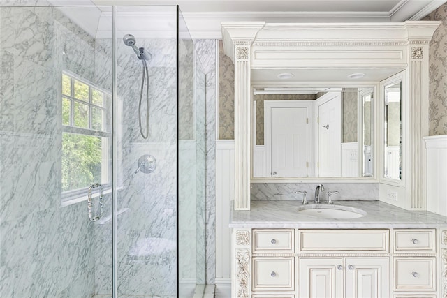 1608 Stewart Ln, Laurel Hollow, NY 11791 - bathroom with a marble finish shower, ornamental molding, and vanity