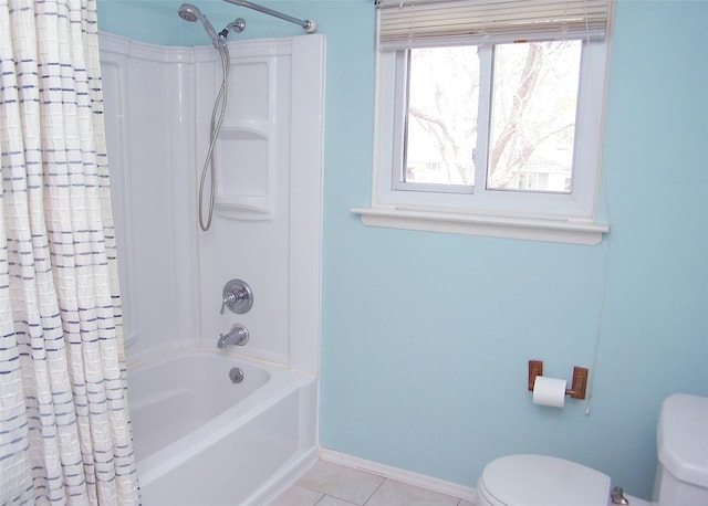 full bath featuring toilet, baseboards, tile patterned floors, and shower / bathtub combination with curtain
