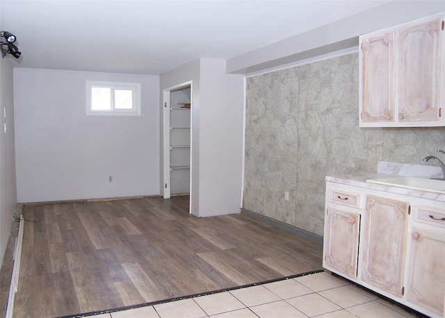 interior space with light wood-style floors and a sink
