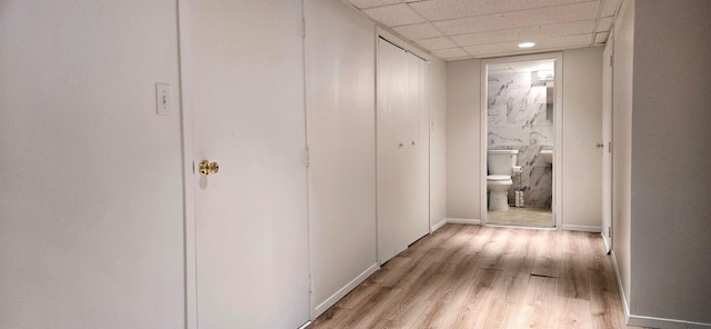 hall featuring a paneled ceiling and light wood-style floors