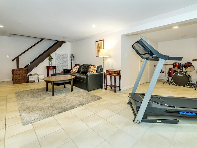 workout room featuring tile patterned flooring and recessed lighting