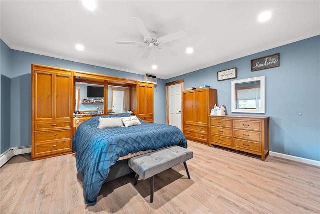 bedroom featuring ornamental molding, baseboards, light wood-type flooring, and recessed lighting
