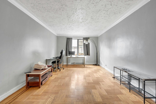 office space with a chandelier, baseboards, crown molding, and a textured ceiling