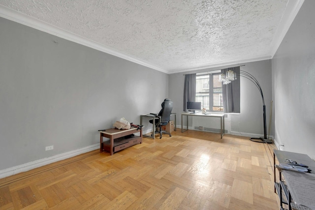 living area with a chandelier, a textured ceiling, baseboards, an office area, and crown molding