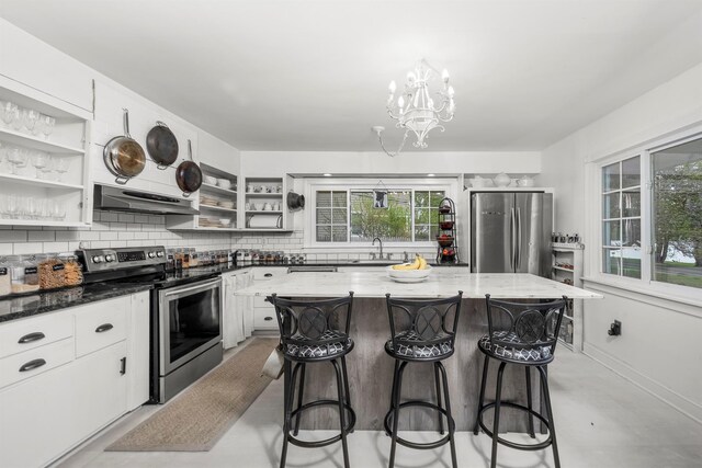 119 W Hunns Lake Rd, Stanfordville, NY 12581 - kitchen with appliances with stainless steel finishes, open shelves, a sink, under cabinet range hood, and backsplash