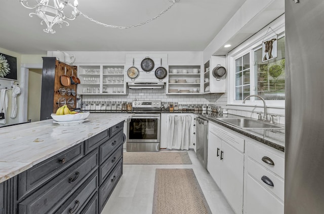 119 W Hunns Lake Rd, Stanfordville, NY 12581 - kitchen featuring open shelves, appliances with stainless steel finishes, a sink, under cabinet range hood, and decorative backsplash