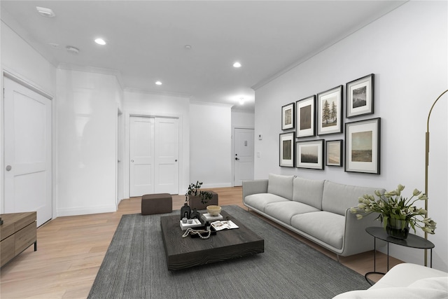 17101 Aspenwood Dr, Plainview, NY 11803 - living room featuring crown molding, light wood-style floors, recessed lighting, and baseboards