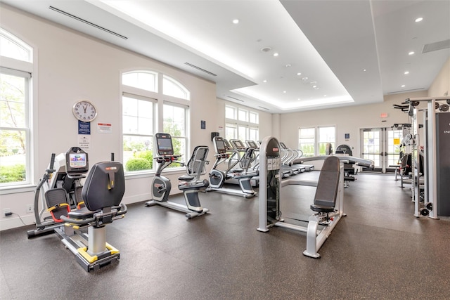 17101 Aspenwood Dr, Plainview, NY 11803 - workout area with recessed lighting and a raised ceiling