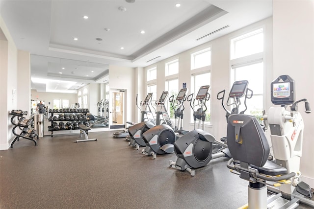 17101 Aspenwood Dr, Plainview, NY 11803 - exercise room featuring a tray ceiling, plenty of natural light, and recessed lighting