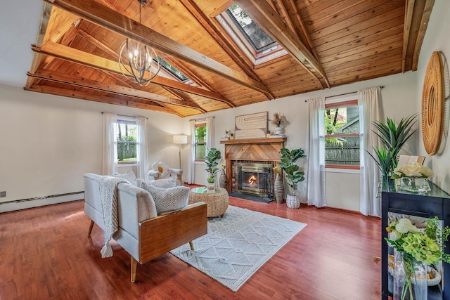 living area featuring an inviting chandelier, wood ceiling, a fireplace, and vaulted ceiling with skylight