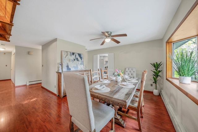 dining area with a baseboard radiator, baseboards, ceiling fan, and wood finished floors