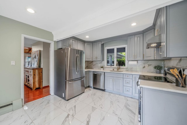 kitchen featuring light countertops, a sink, exhaust hood, gray cabinetry, and appliances with stainless steel finishes