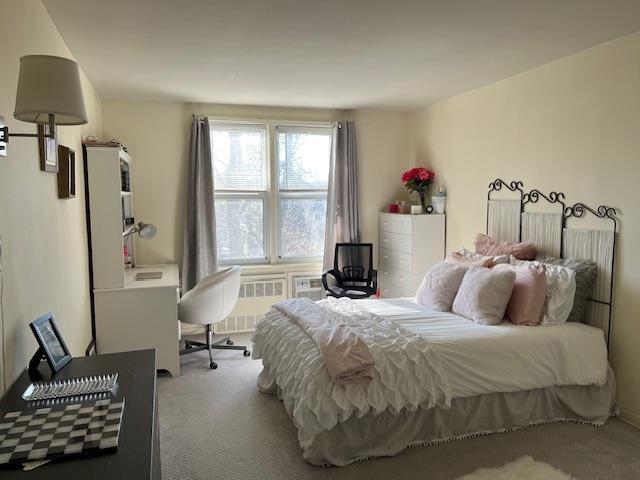 bedroom featuring carpet floors and radiator heating unit