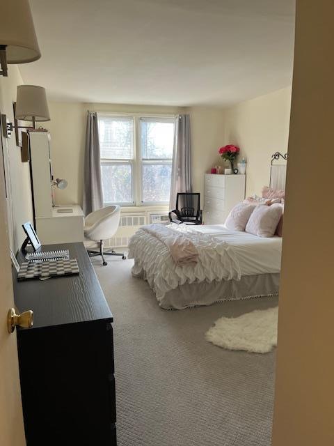 bedroom featuring carpet and radiator heating unit