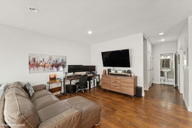 79 Sands Point Rd, Port Washington, NY 11050 - living room featuring recessed lighting, baseboards, and dark wood finished floors