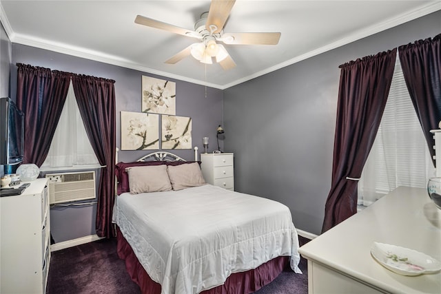carpeted bedroom with cooling unit, crown molding, baseboards, and ceiling fan