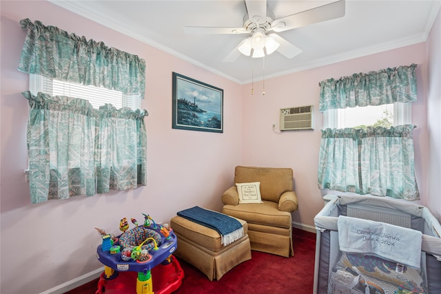 bedroom with crown molding, a wall mounted air conditioner, carpet floors, and multiple windows