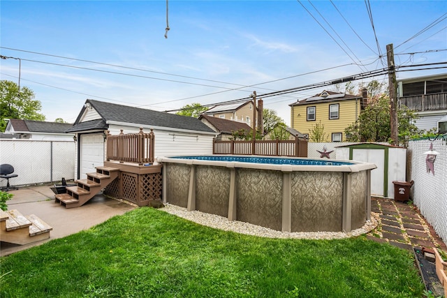 exterior space featuring a storage unit, an outdoor structure, a fenced in pool, and fence