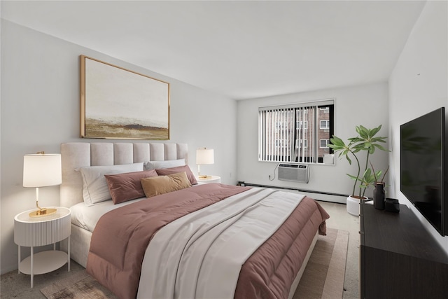 bedroom with cooling unit, a baseboard radiator, and carpet floors