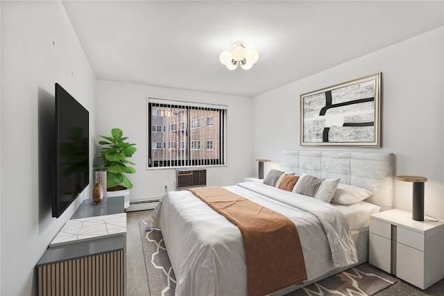 bedroom featuring a baseboard radiator, a wall unit AC, and carpet