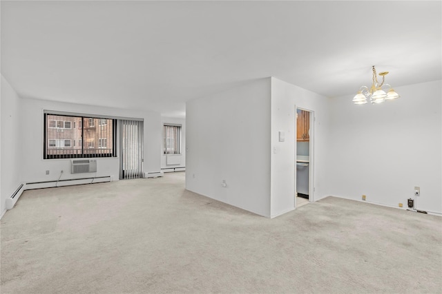 unfurnished living room featuring a baseboard heating unit, a wall mounted air conditioner, a chandelier, and carpet floors