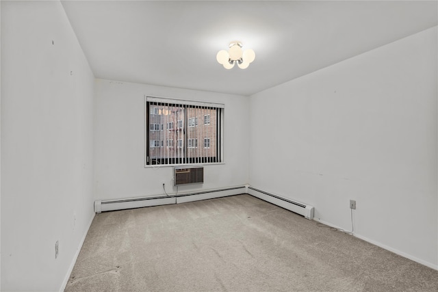 carpeted empty room featuring baseboards and a wall mounted AC