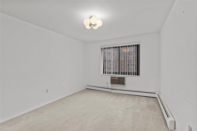unfurnished room with an AC wall unit, carpet floors, baseboards, and baseboard heating