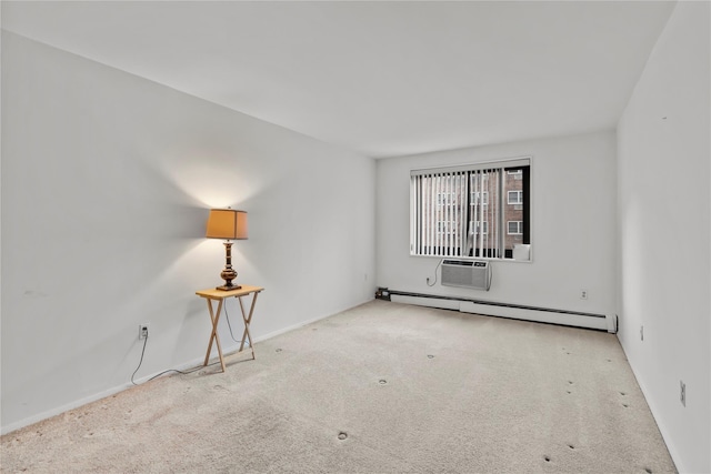 empty room with baseboards, baseboard heating, a wall mounted AC, and carpet floors