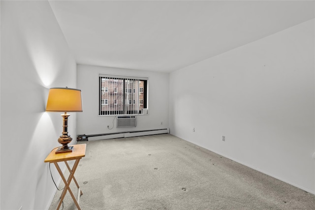 carpeted spare room featuring a baseboard radiator and an AC wall unit